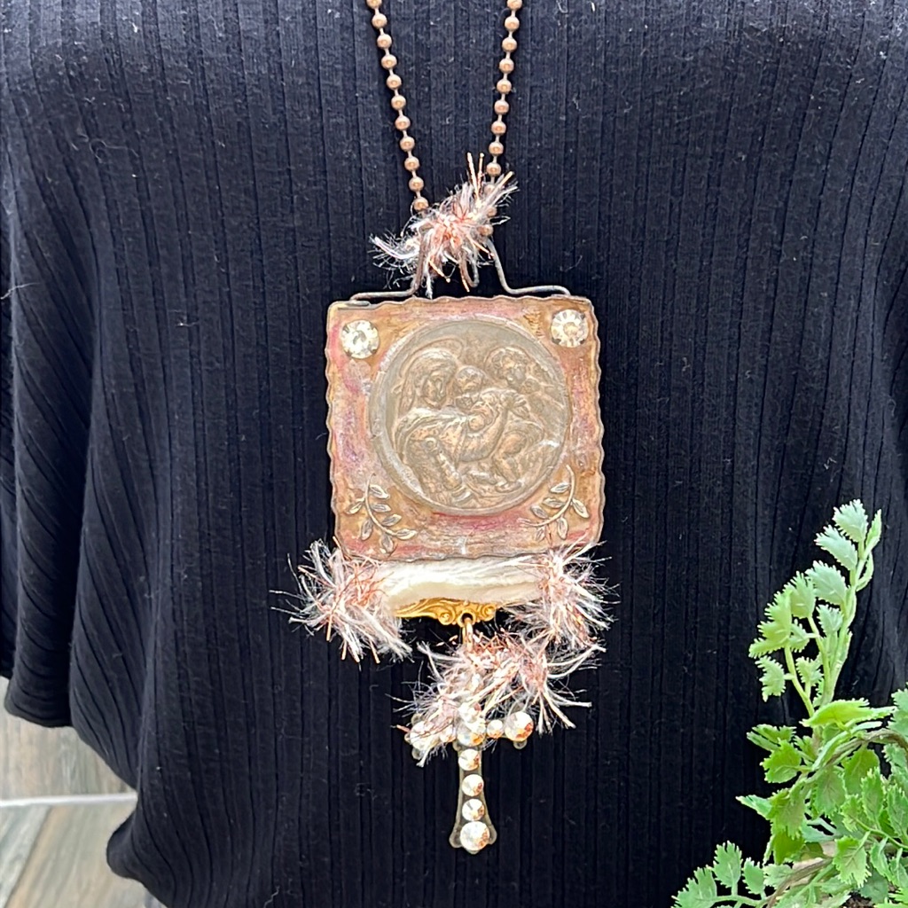 Adorned Crown Mary Jesus Joseph Holy Family Rhinestone Cross Necklace 59$